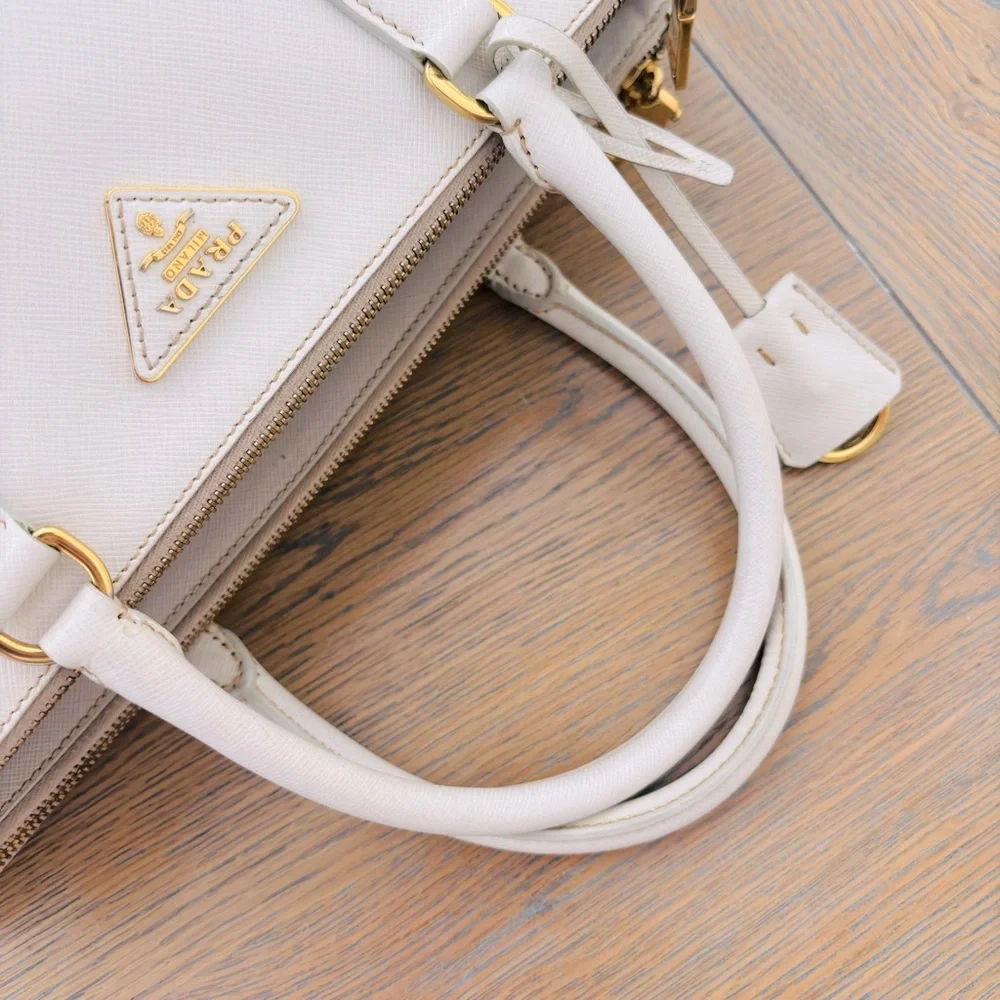 Prada Saffiano Large Galleria Double Zip Tote Talco White Gold Accents with COA‎